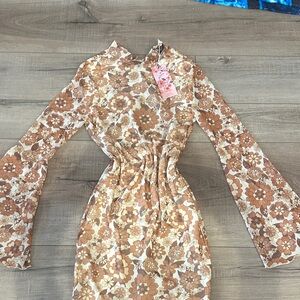 SHEIN Floral Long Sleeve Dress in Brown and Cream